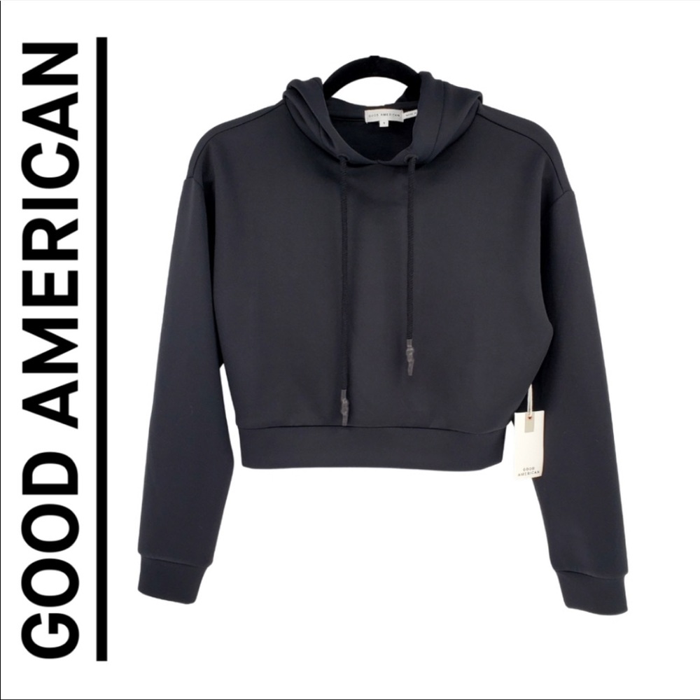 GOOD AMERICAN Black Scuba Crop Hoodie